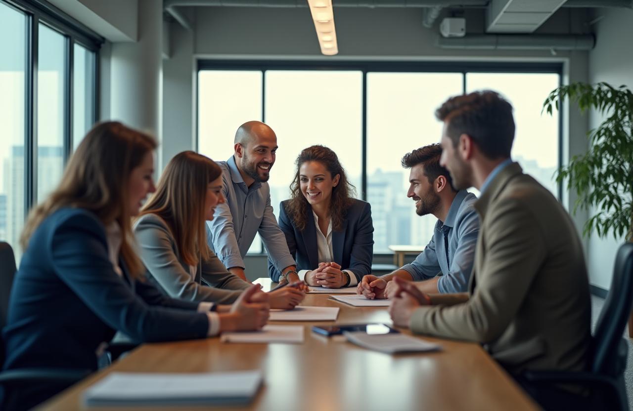 A modern and diverse team collaborating in a bright office space.