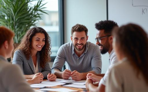 A group of happy employees in a meeting, representing employee engagement.