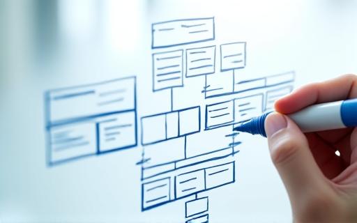 An organisational chart being drawn on a whiteboard.